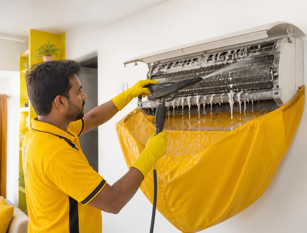 Technicians jet washing an AC outdoor condenser unit during deep cleaning