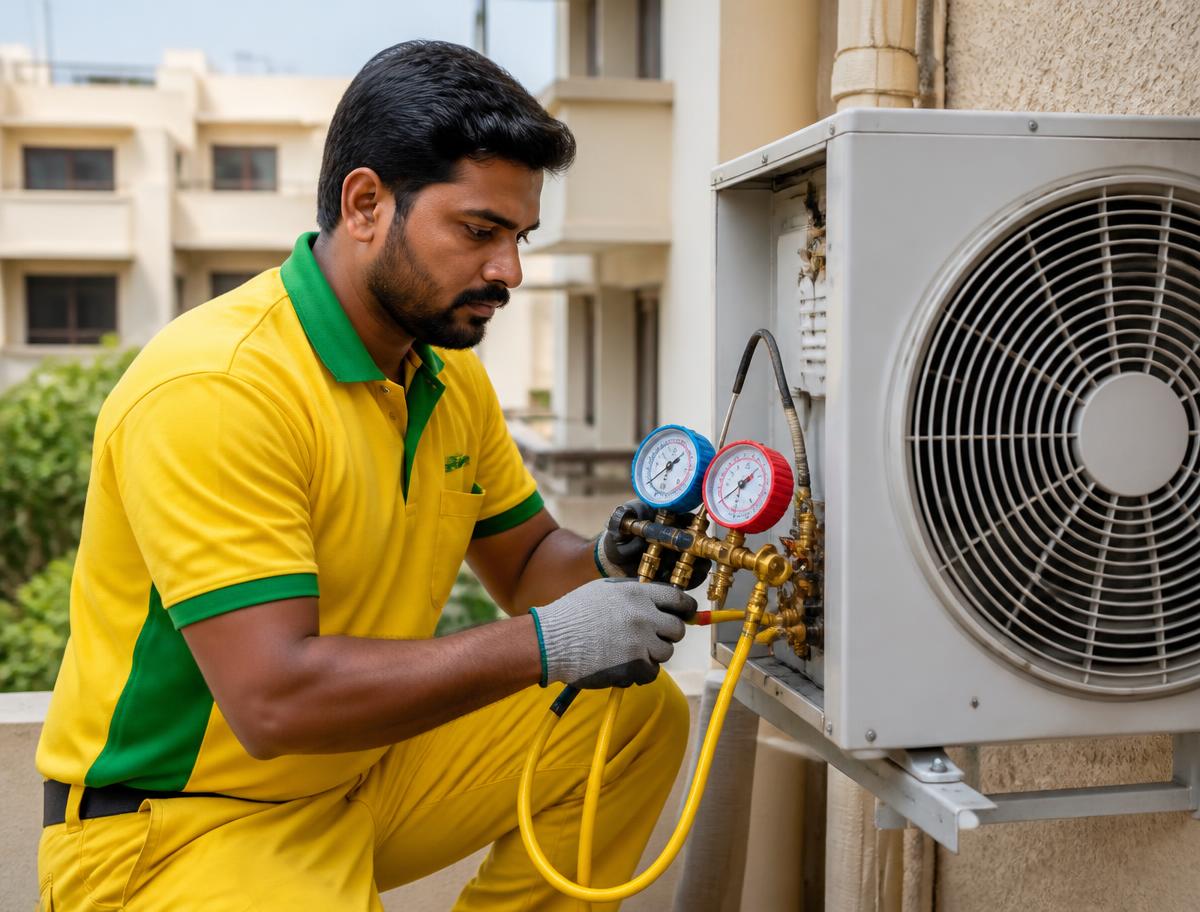 Refrigerant gauge manifold connected to an AC outdoor unit during gas filling