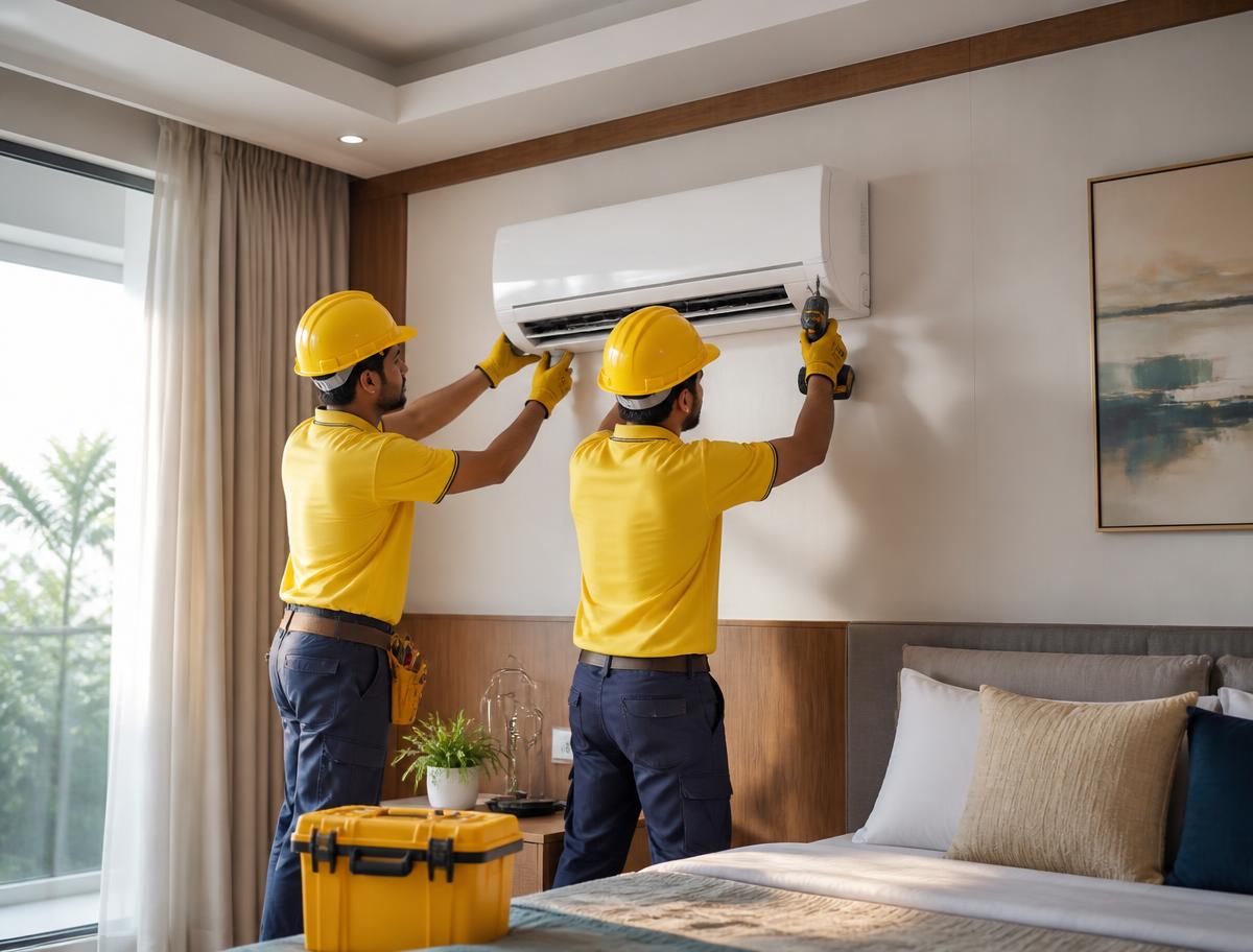Technician installing a new split air conditioner on a living room wall